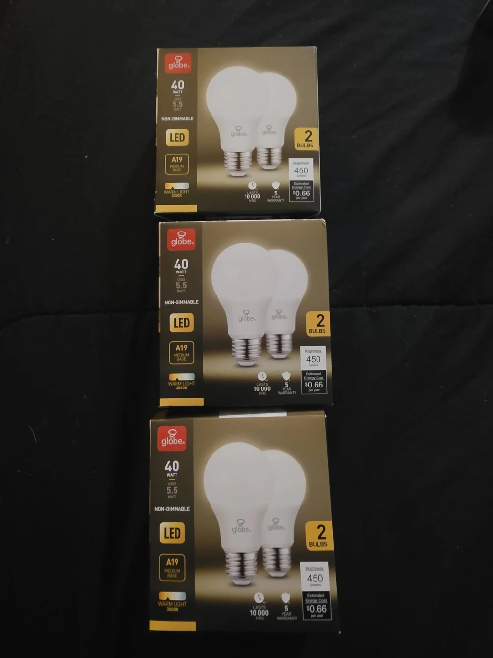 (3) Globe LED A19 Two-Pack Bulbs 40w